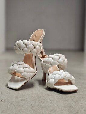 White Braided Heeled Sandals With Square Toe & Slip-On Style